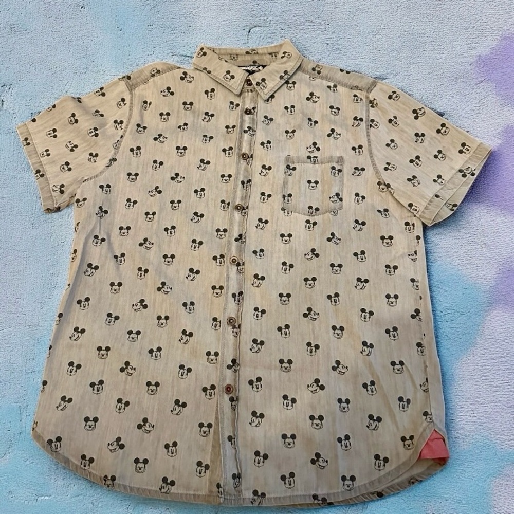 Disney Men's Beige Mickey Mouse Print Shirt Buttoned Down Shirt